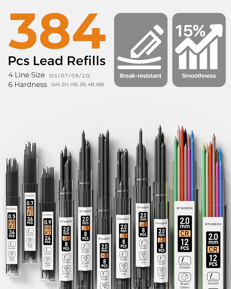 STAGEEK Mechanical Pencil Set with Case 34 Count, Drawing Pencils 0.5, 0.7, 0.9MM & 3PCS 2MM Sketching Pencils with 384PCS Lead Refills (6B 4B 2B HB 2H 4H Color) for Artist Drafting Drawing Writing - Image 3